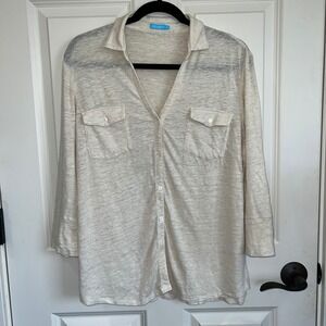 J.McLaughlin Linen Blend 3/4 Sleeve‎ Button Down Knit Top Natural Size XL